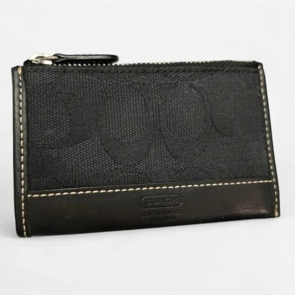 Vintage Y2K Coach‎ Signature Black Wallet Card Holder Key Ring Zip Coin Purse
